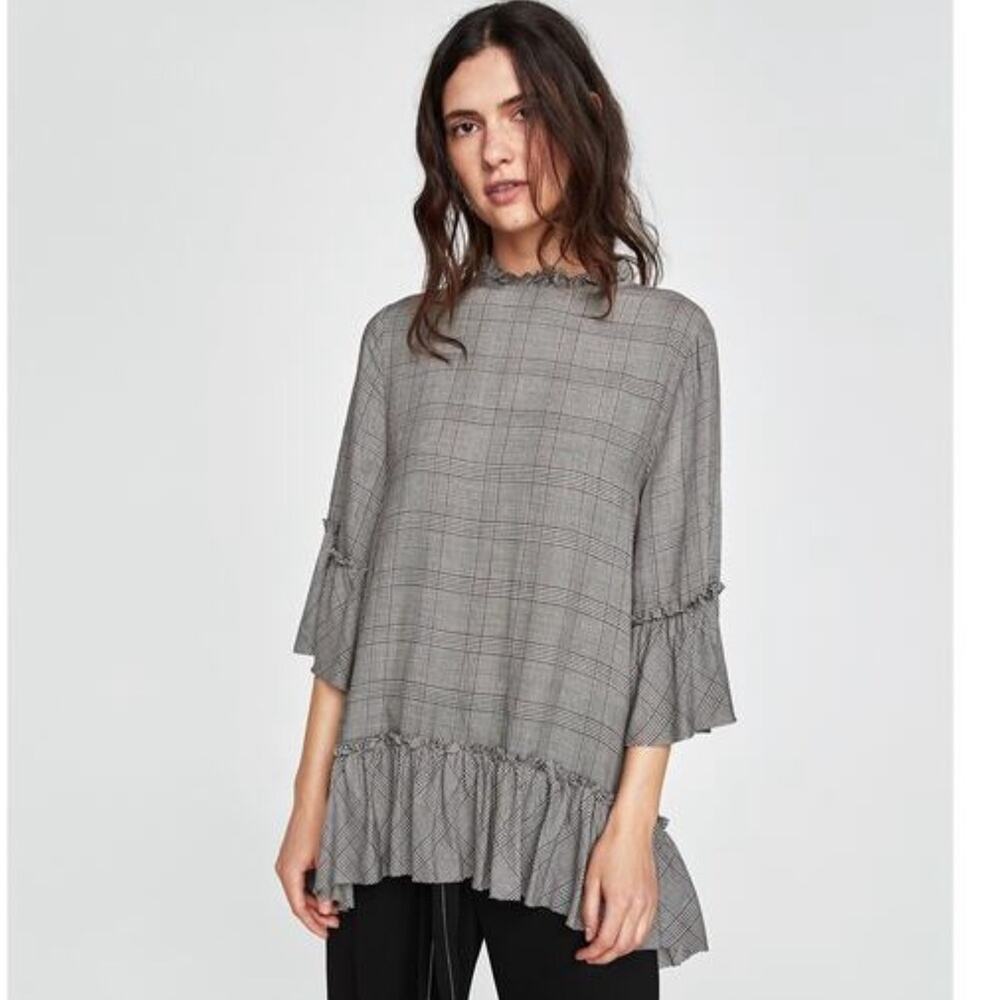 ZARA WOMAN Women's Plaid Bell Sleeve Raw Hem Shirt